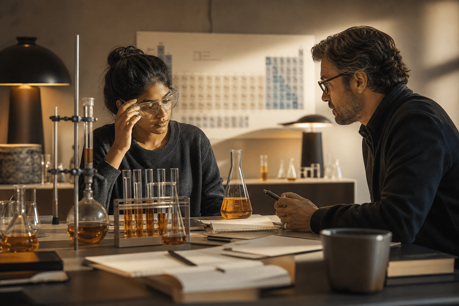 Chemistry coaching session with glassware and notes