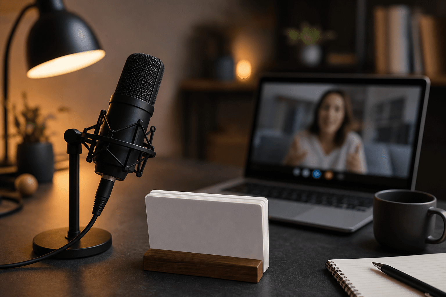 English speaking practice setup with microphone and laptop