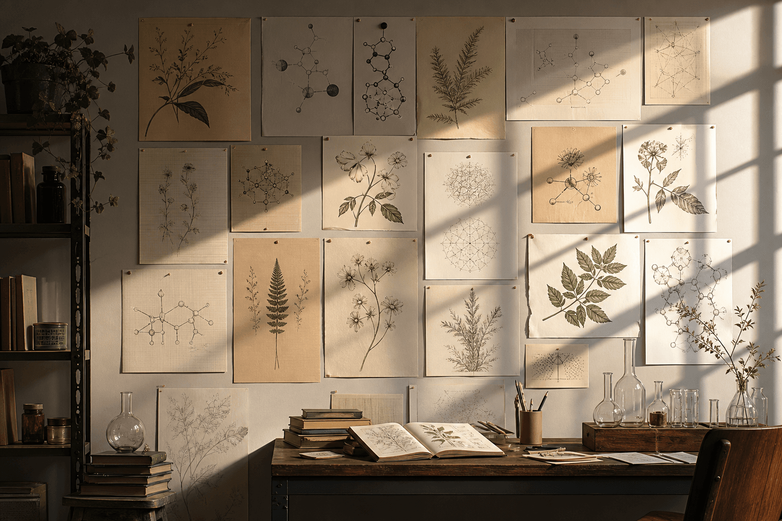Wall of pinned science concept diagrams