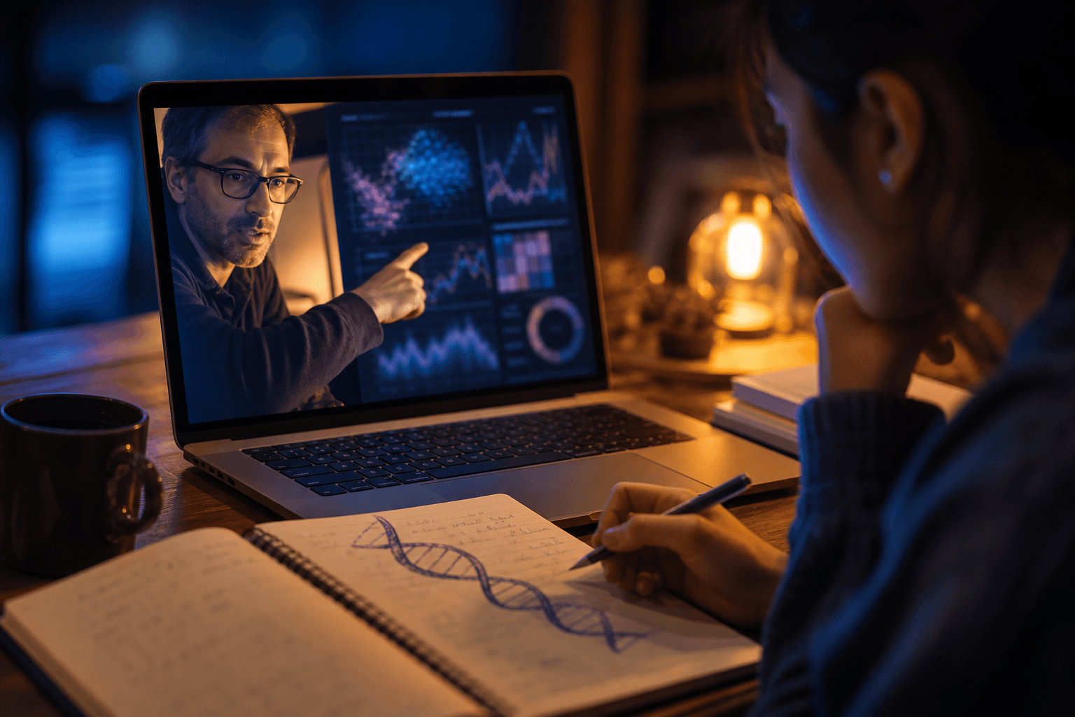 Research mentoring call with abstract data visuals
